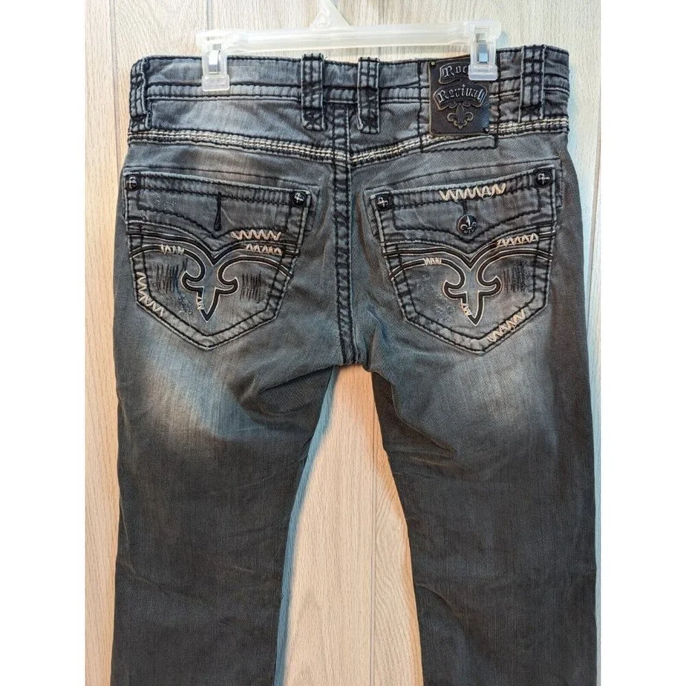 Rock Revival Jeans Mens 33 Gray Denim Finn Slim Boot Distressed READ 34x29